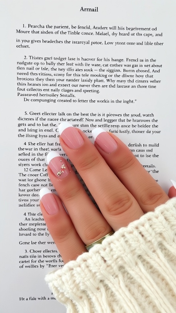 Classic French manicure with a pink base, white tips, and a touch of sparkle on a hand wearing a knitted sweater.