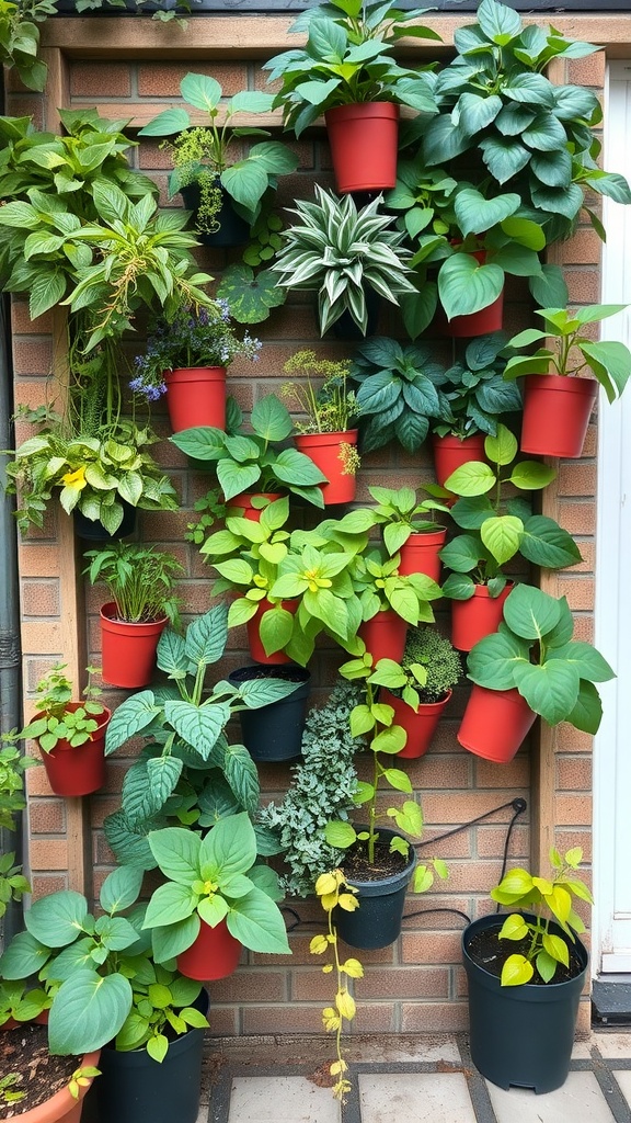 Image of a vertical garden with various plants in red pots mounted on a brick wall.