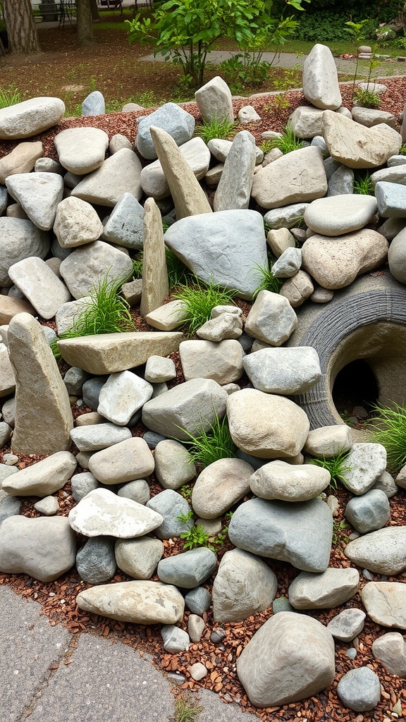 A creative rock garden arrangement featuring various sizes of stones alongside greenery