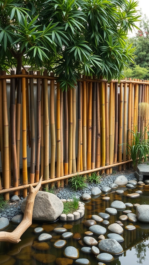 Bamboo fencing with lush greenery and stones in a tranquil garden setting