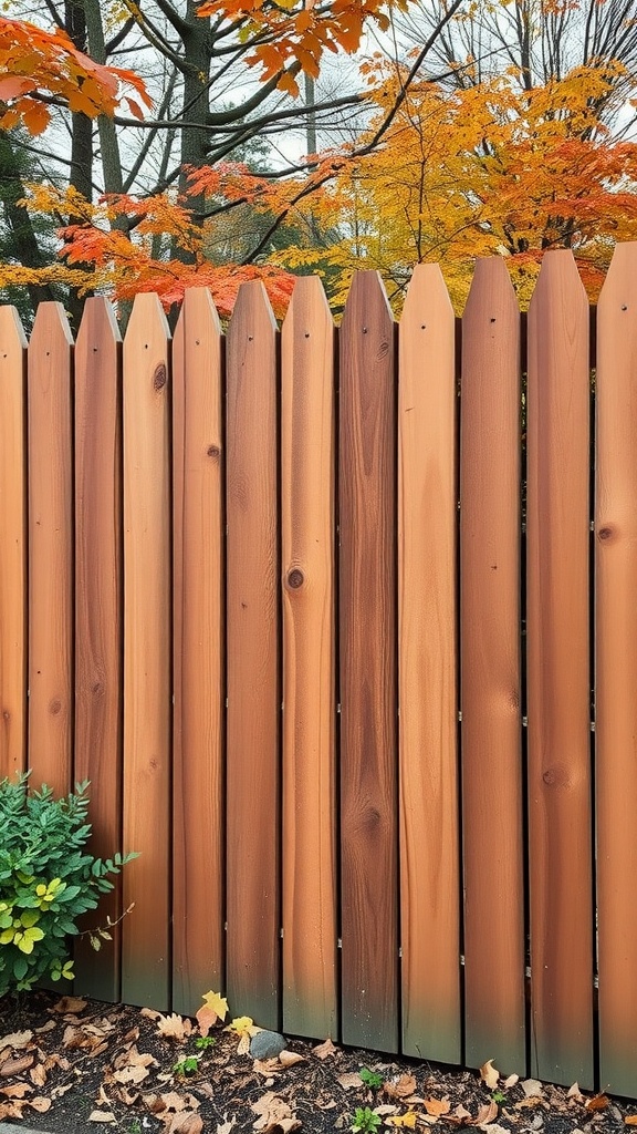 A cedar fence with natural stains, surrounded by autumn foliage.