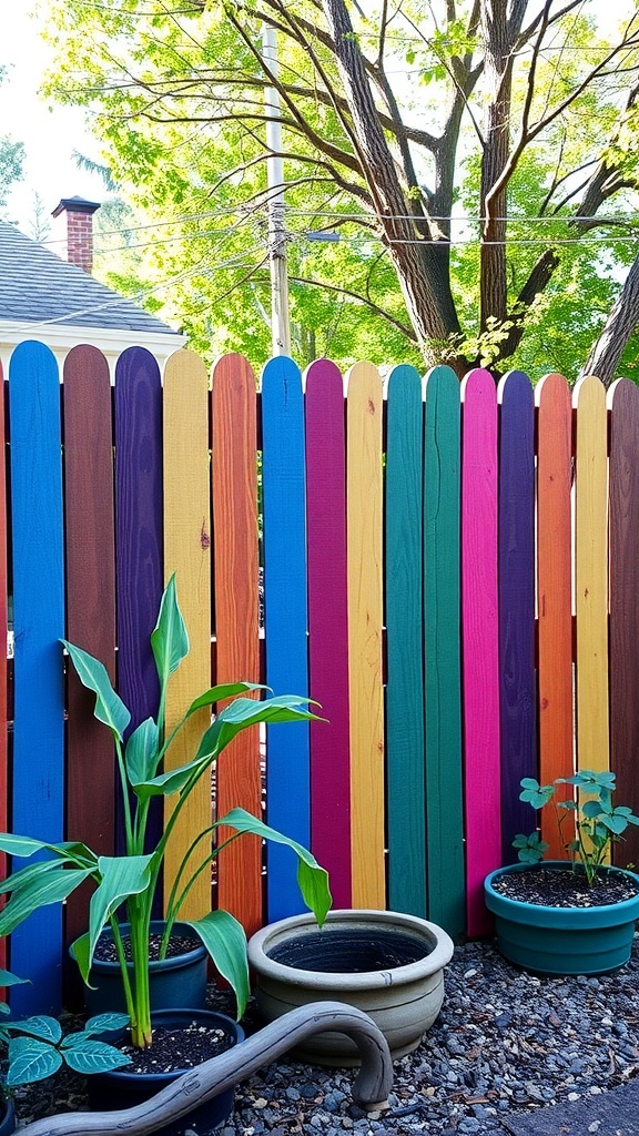 Vibrant colored fence with plants in pots