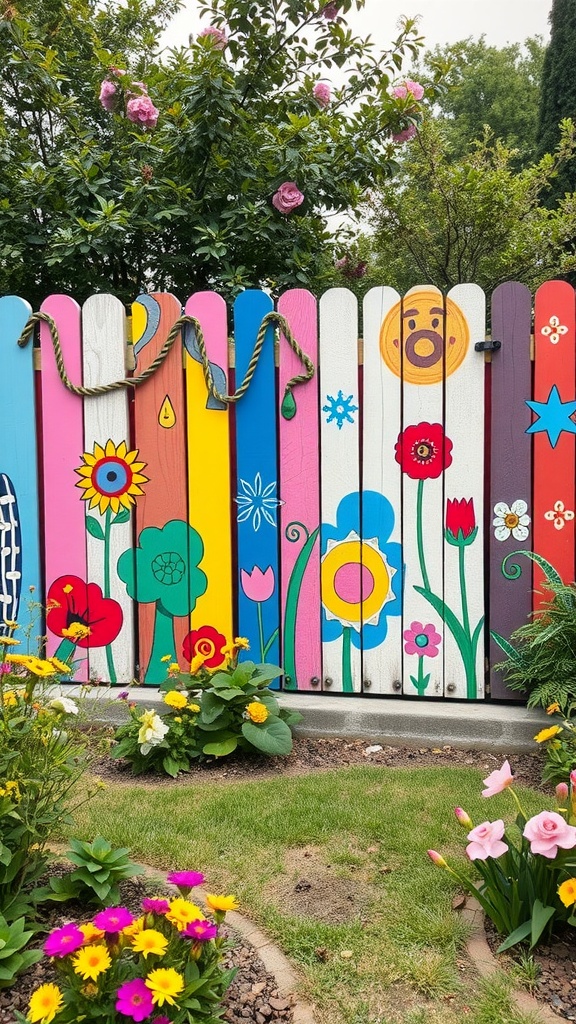 Colorful painted fence with flowers and cheerful designs