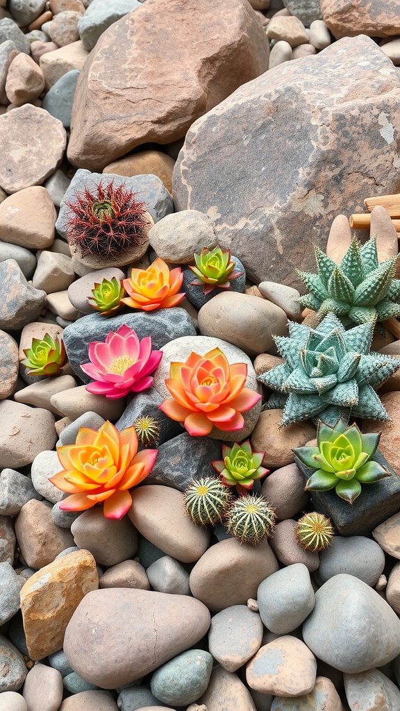 An arrangement of colorful succulents and cacti among various sizes of smooth stones in a rock garden.