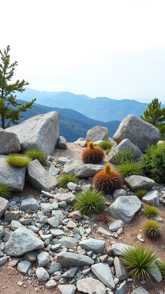 A mountain-themed rock garden with large boulders and various plants.