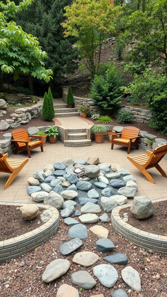 A serene rock garden with a fire pit surrounded by chairs and plants.