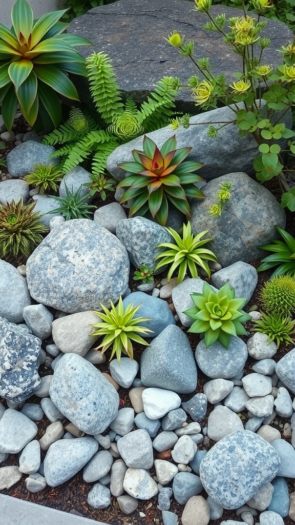 A rock garden featuring various stones and succulent plants arranged in a limited space.