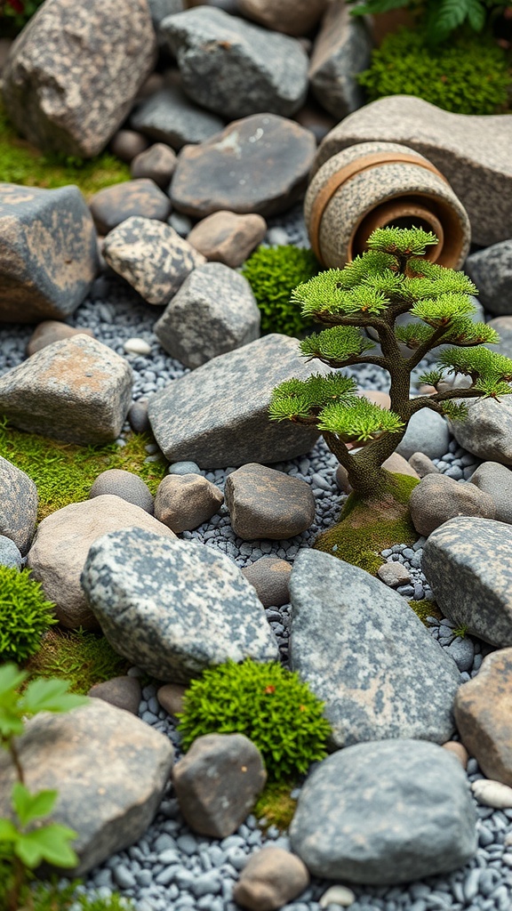 A rock garden featuring a bonsai tree, various stones, and lush green moss.