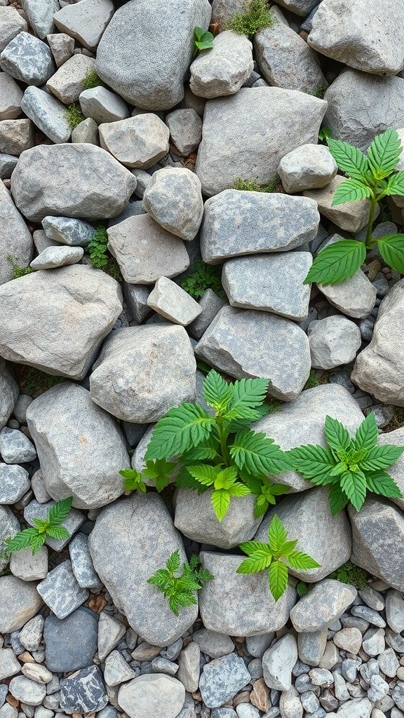 A close-up of various green plants growing among rocks in a rock garden.