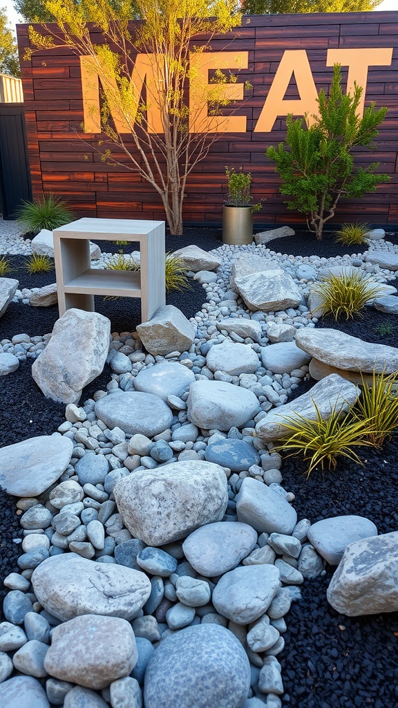 A rock garden featuring large stones, pebbles, greenery, and modern decor.
