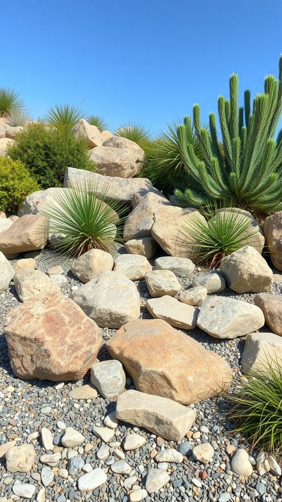 A rock garden featuring various sizes of stones and vibrant green plants under a clear blue sky.
