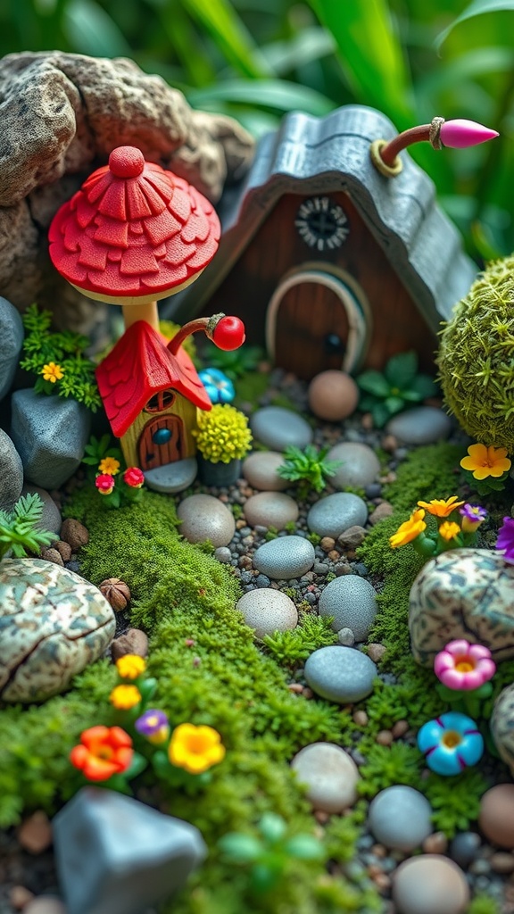A colorful miniature fairy garden featuring small houses, stones, and flowers.