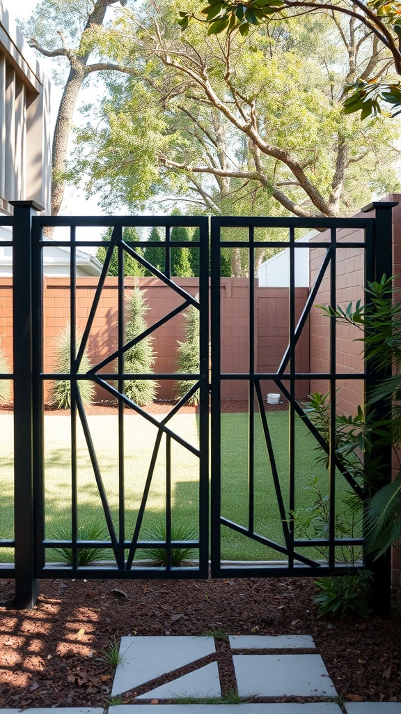 A modern black metal panel gate with geometric design leading to a green yard