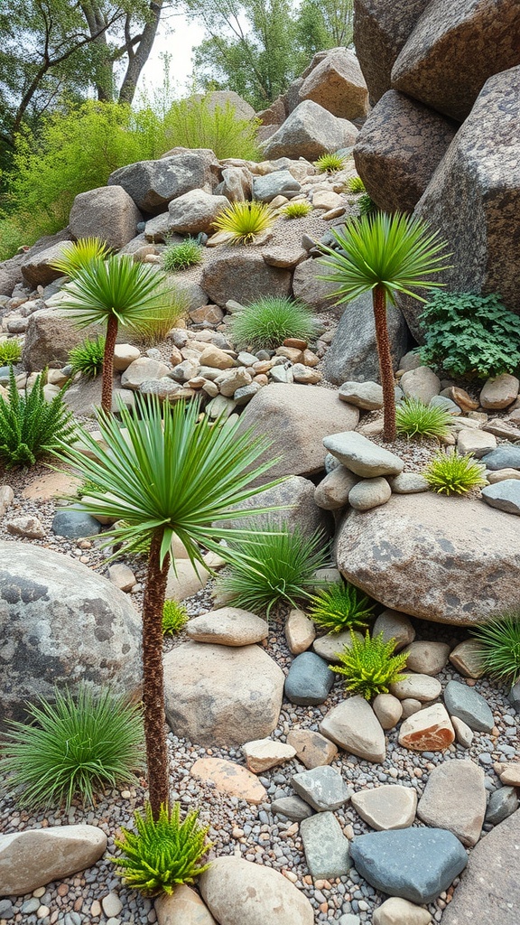 A rock garden featuring various native plants and large stones, showcasing a natural landscape design.