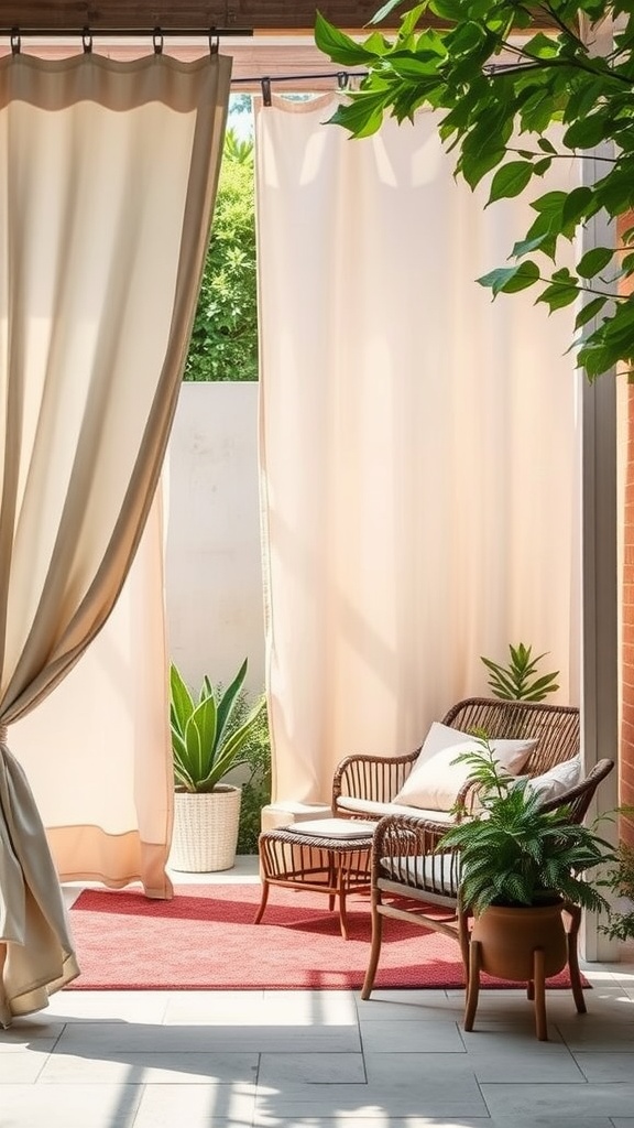 A cozy outdoor seating area with soft fabric panels providing privacy.