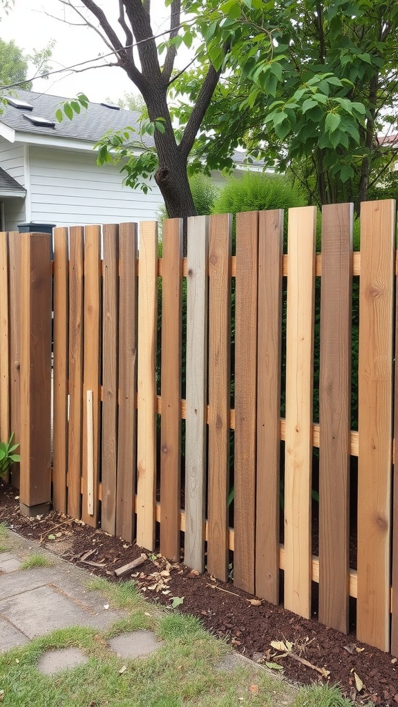 A wooden pallet fence featuring a variety of wood tones, providing a rustic appearance and privacy for a garden.