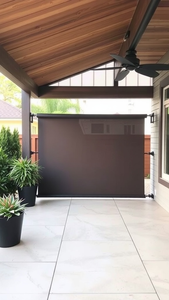 A modern retractable privacy screen in a patio area with potted plants.