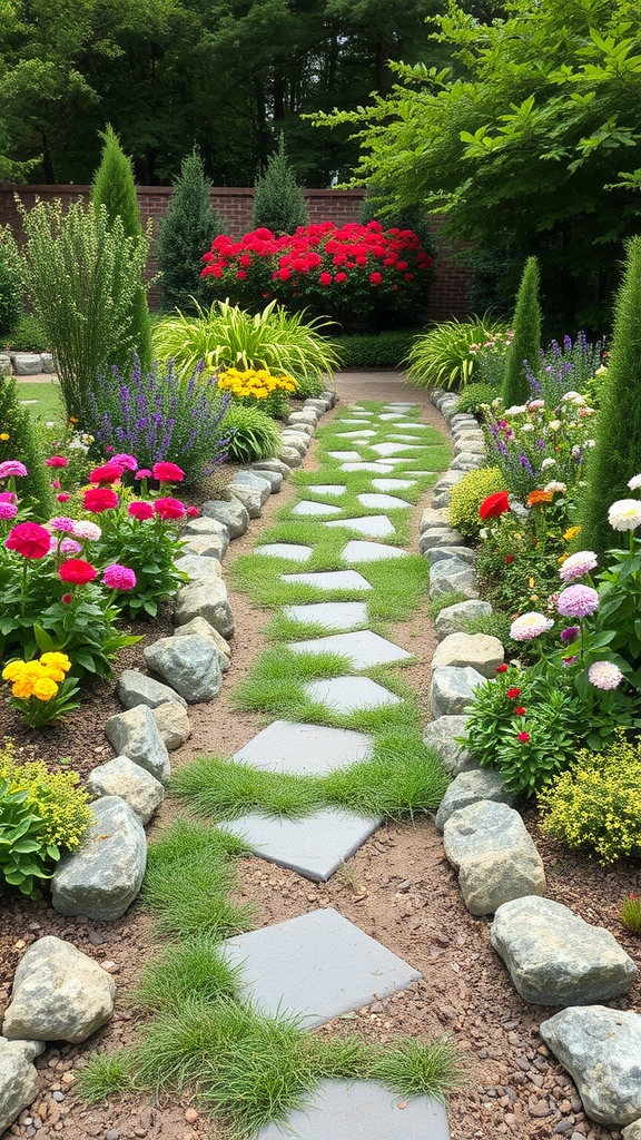 A garden pathway bordered by colorful flowers and stones, leading through lush greenery.