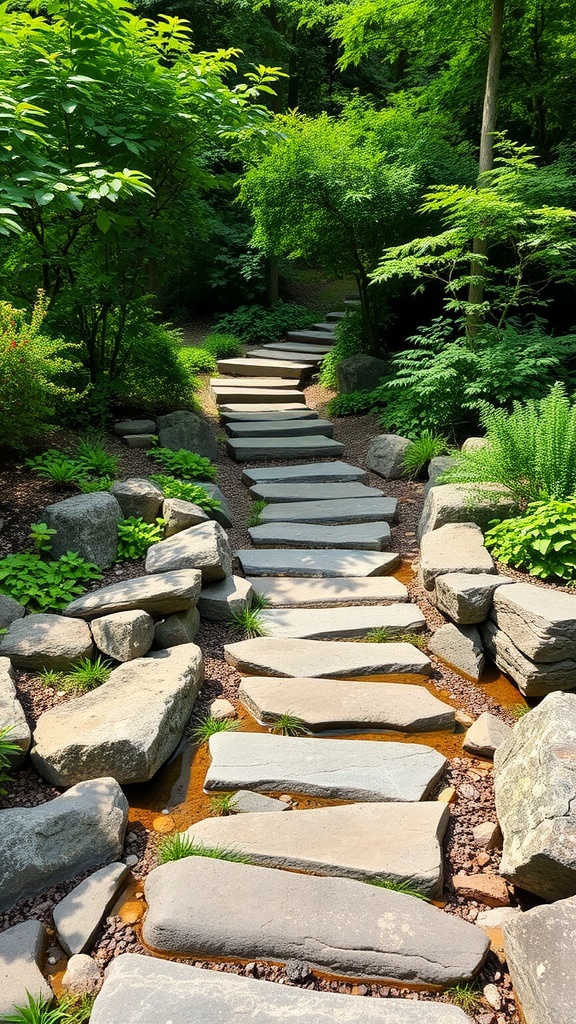 A tranquil rock garden path with stepping stones surrounded by lush greenery.