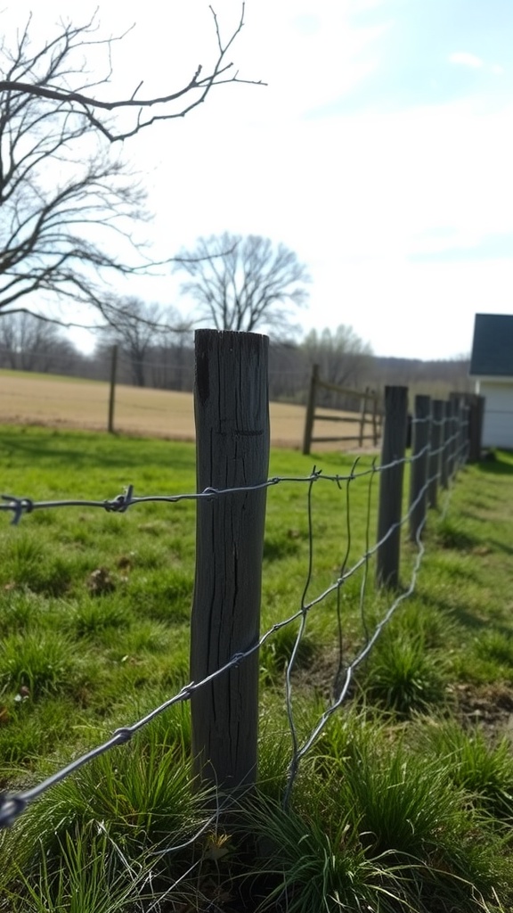 Rustic split rail fence with wooden posts and wire in a grassy field