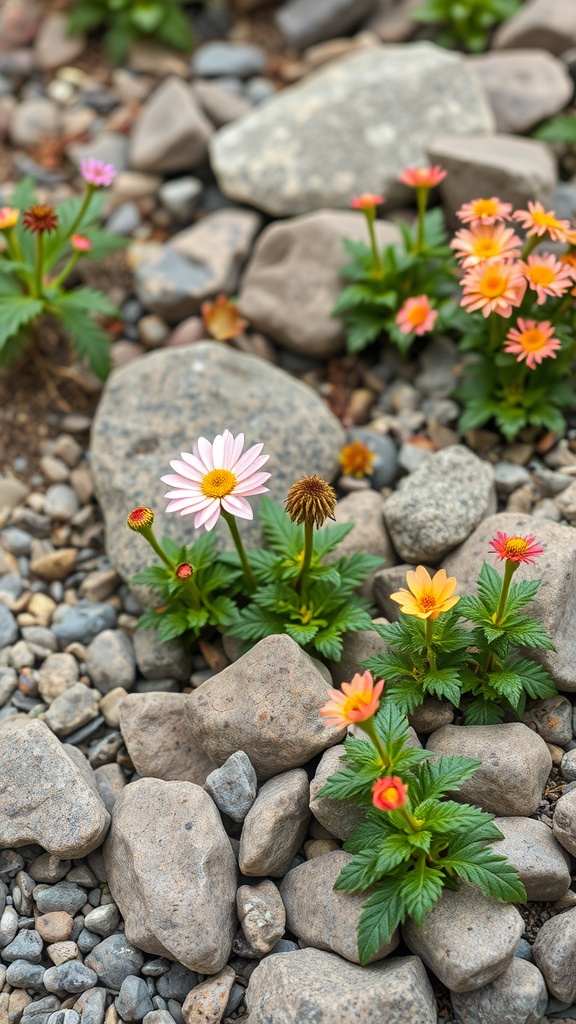 A rock garden featuring colorful flowers among various stones.