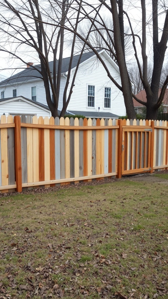 A colorful stockade fence made of wooden planks providing privacy for a yard.