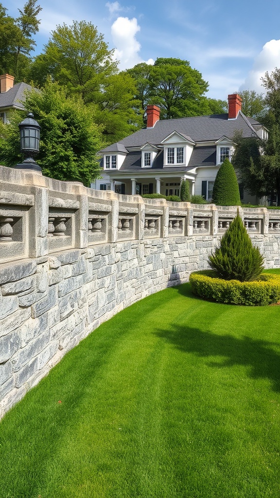 A beautiful stone wall fence surrounding a well-maintained green lawn and elegant home.