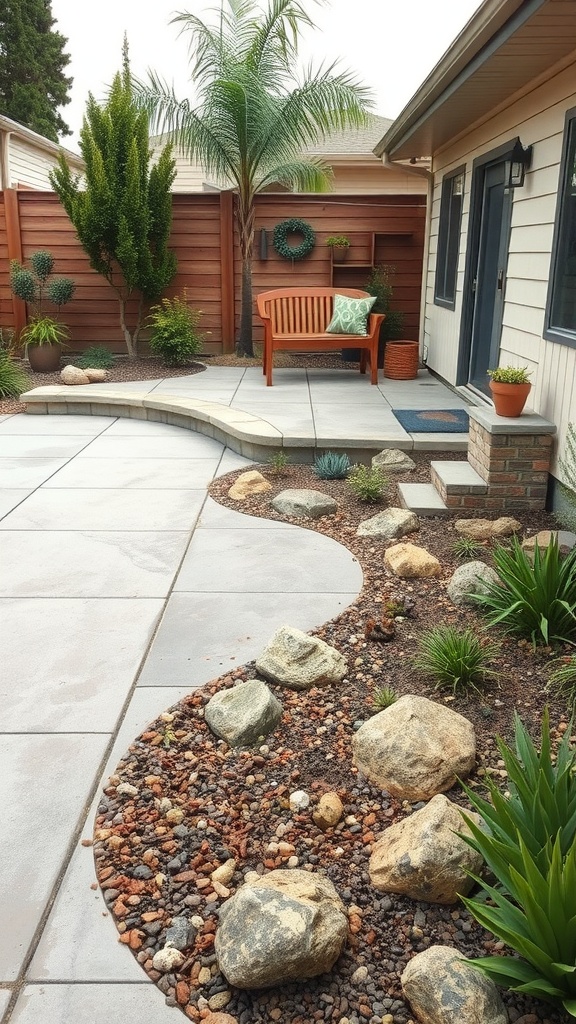Sustainable concrete patio with plants and decorative stones