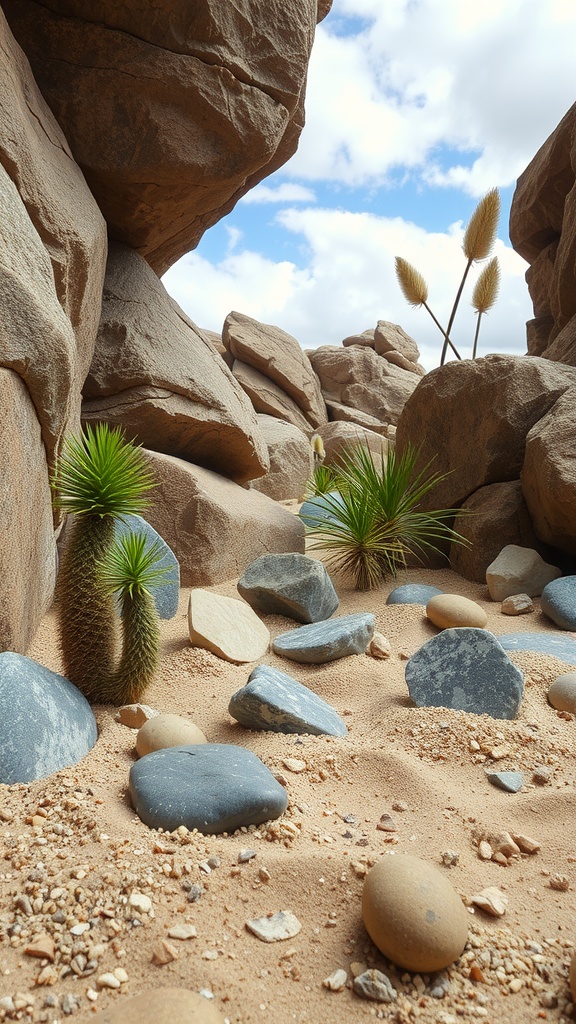 A rock garden featuring large boulders, smooth stones, sandy ground, and desert plants.