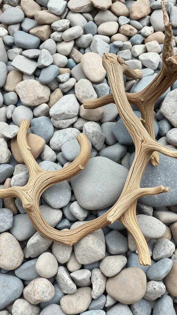 Driftwood pieces lying among smooth pebbles in a rock garden