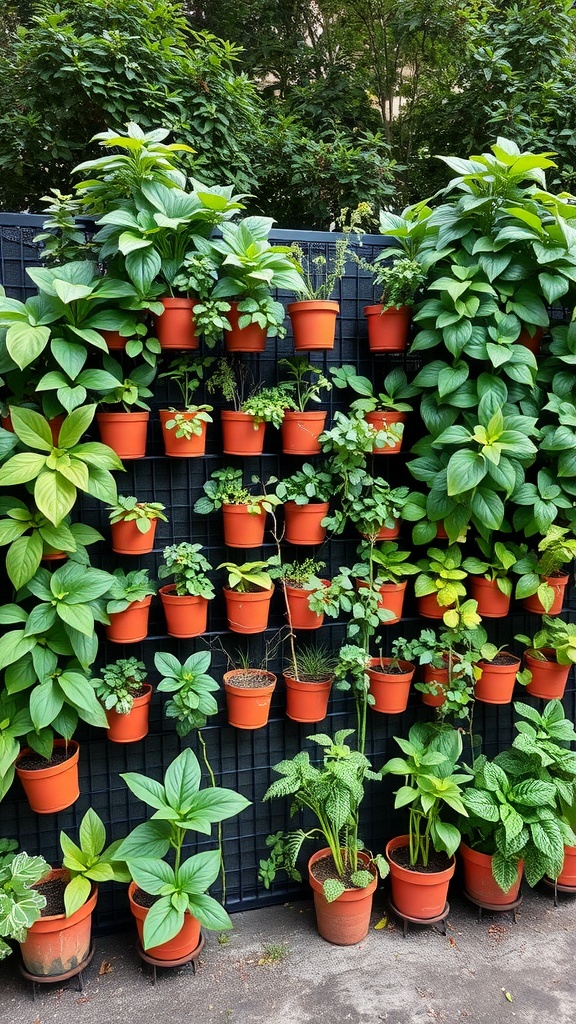 Vertical garden privacy panels with various potted plants arranged neatly.