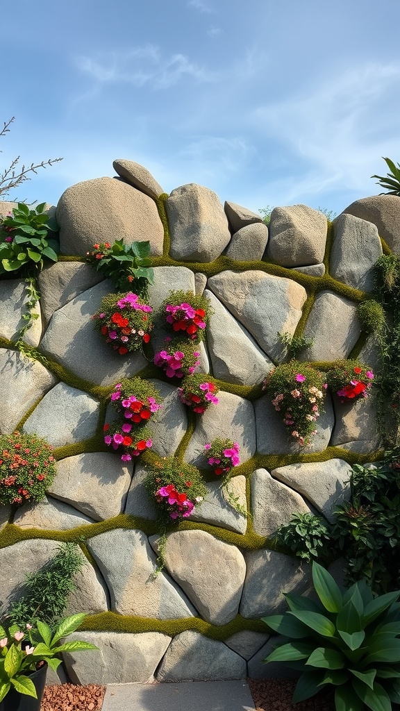 A vertical rock wall with colorful flowers and green plants, showcasing a blend of nature and stone.