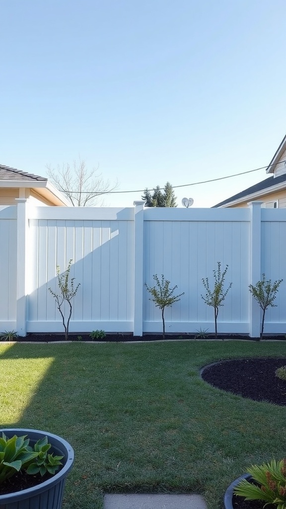 A clean and modern white vinyl fence in a landscaped backyard.