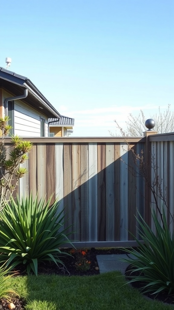 A modern water-resistant composite fence with natural wood tones, surrounded by green plants and clear blue sky.