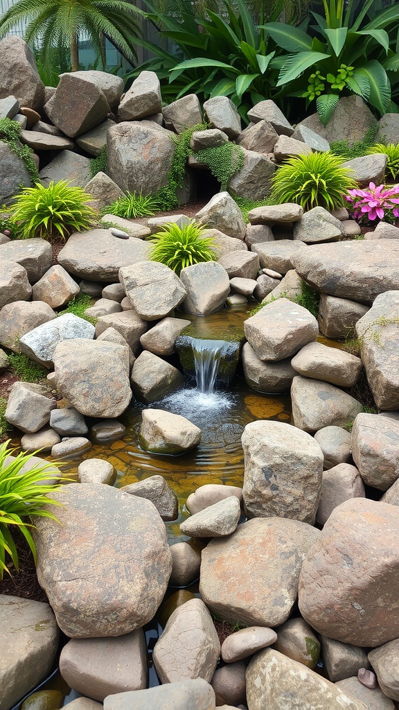 A rock garden with a small water feature flowing among the stones and surrounded by lush green plants.