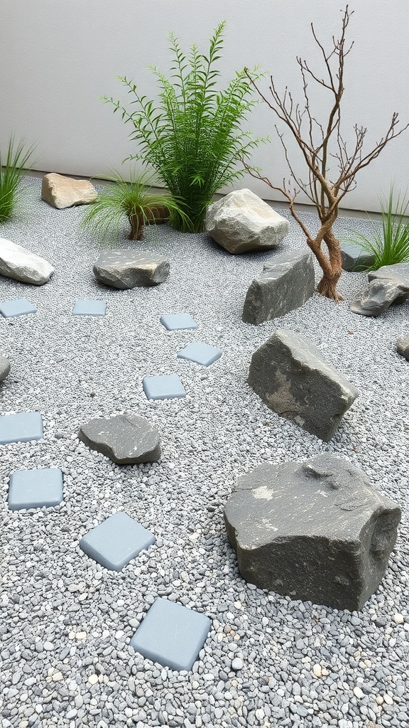 A Zen rock garden featuring raked gravel, stones, ferns, and a bare tree.