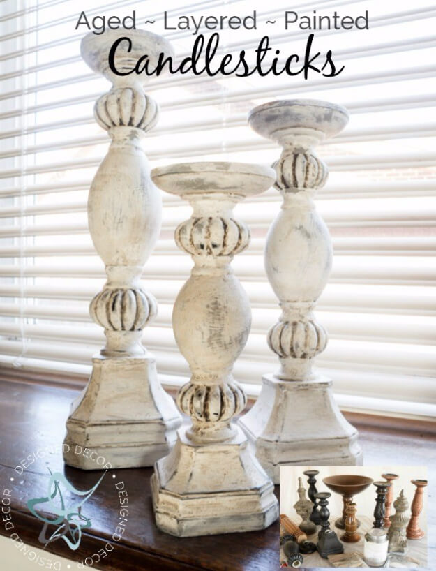 DIY Aged Layered Painted Candlesticks