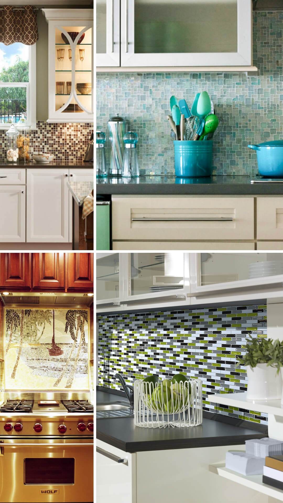 Light blue and turquoise mosaic tile kitchen backsplash