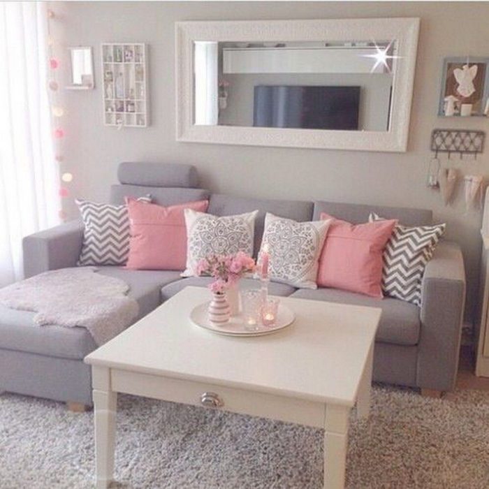 Lavender living room with pink cushions