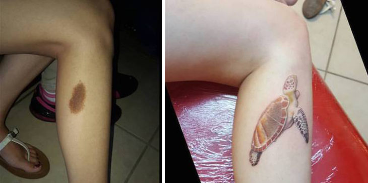 Girl with a turtle tattoo on her leg